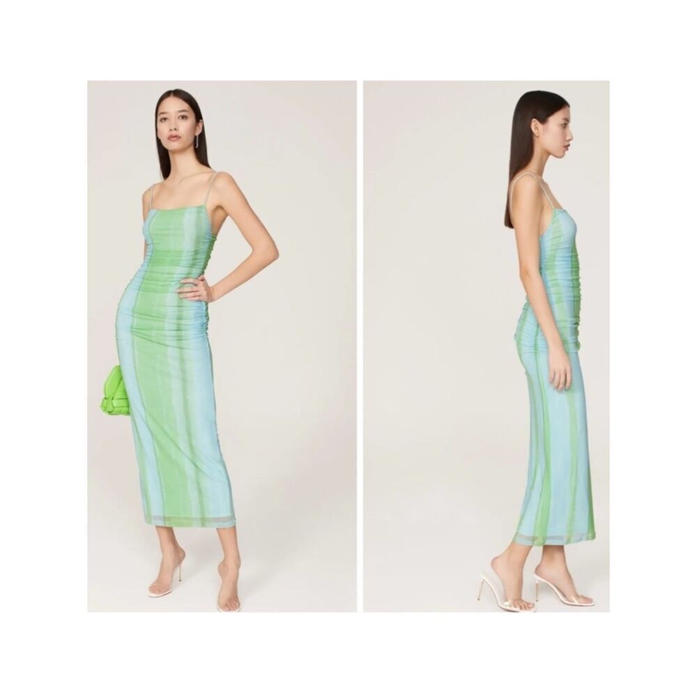 NWT Significant Other Green Blue Mesh Striped Dress Summer Maxi Size 2 Stretchy